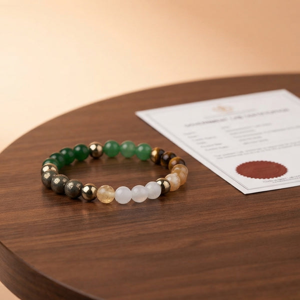 Dhan Yog gemstone bracelet next to a government lab certification document on a wooden surface.